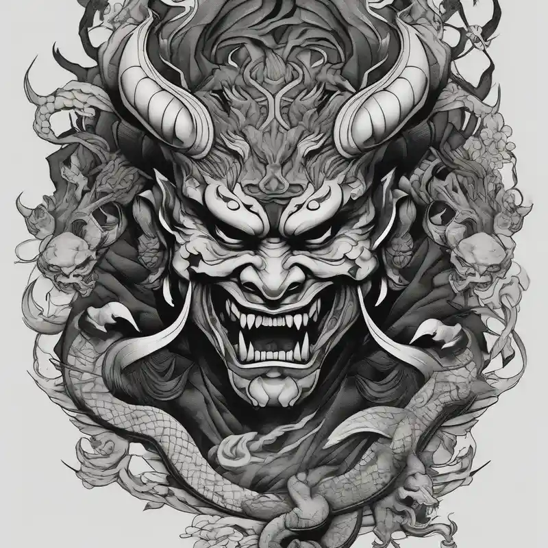 Back Tattoo with An Oni With a broken mask and a Sword, Dragons & snakes geometric maple leaf tattoo